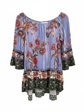 Fever Lavender Floral Embroidered Peasant Tunic with Olive Lace
